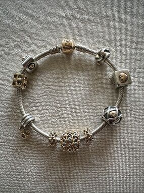 Pandora Retired 14k & Sterling Silver Bracelet w 9 charms- diamonds